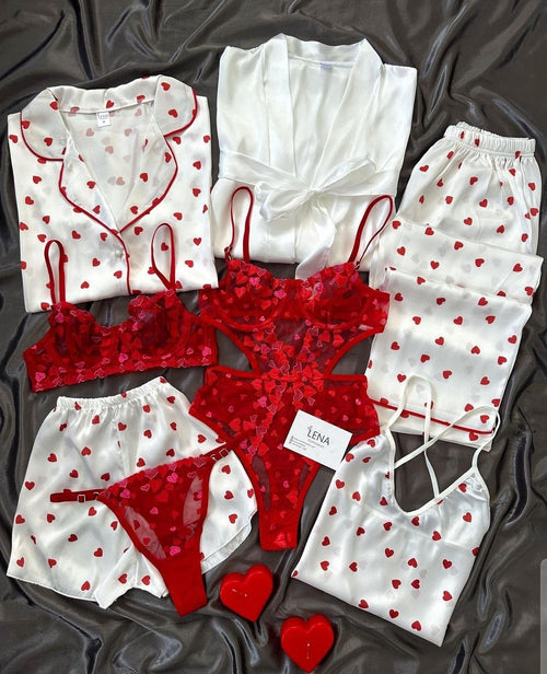 8Pc Heart Printed Satin Nightwear for Women | Premium Nightwear's