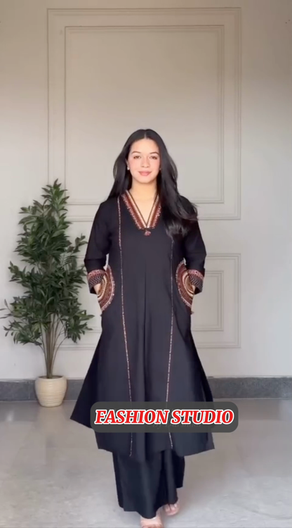 3-Piece Black Lawn printed Suit with Monar Dupatta & printed Pockets