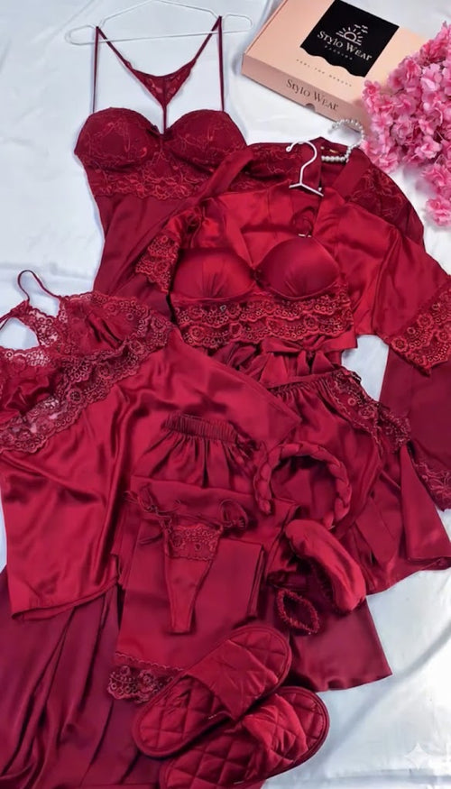 8Pc Luxury Silk Bridal Nightwear Set for Women